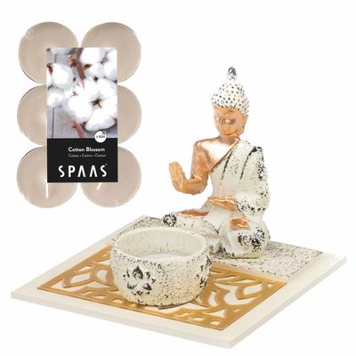 Boeddha beeld voor binnen 14 cm met 12x geurkaarsen Cotton Blossom
