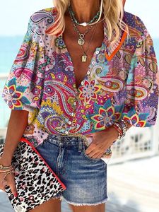 Casual Shirt Collar Floral Loose Blouse