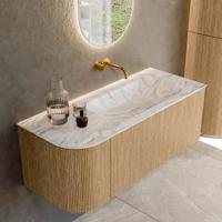 Mondiaz KURVE-DLUX 115 cm Onderkast Greeploos 1 Lade Met Deuren Oak, Wastafel Solid Surface Rechts Glace 0 Kraangaten Zonder Spiegel (KRVBGS115L1L1D0KR-Oak/Gla)
