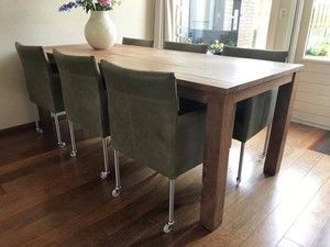 Set van 6 leren kuip eetkamerstoelen - met wieltjes - groen leer - Echt leer, Modern, ontdek de vele Leersoorten en Kleuren bij ShopX