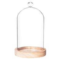 Atmosphera Home decoratie glazen stolp op houten plateau - glas/lichtbruin - D12 x H19 cm - Decoratieve stolpen - thumbnail