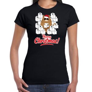 Fout Kerst t-shirt / outfit met hamsterende kat Merry Christmas zwart voor dames