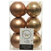 12x Kunststof kerstballen glanzend/mat camel bruin 6 cm kerstboom versiering/decoratie   - - thumbnail