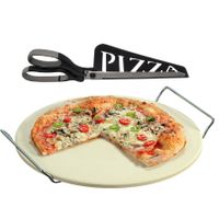 Keramieken pizzasteen rond 33 cm met handvaten en zwarte pizzaschaar - thumbnail