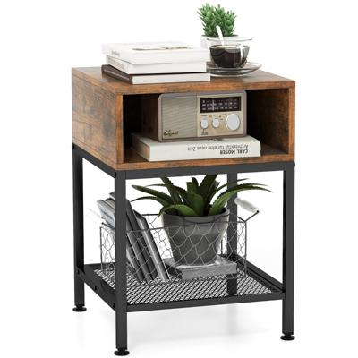 40 cm Lange en Brede Bijzettafel met Metalen Frame Vierkante Salontafel op 3 Niveaus met Opbergvak en Gaasplank Bruin + Zwart