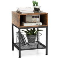 40 cm Lange en Brede Bijzettafel met Metalen Frame Vierkante Salontafel op 3 Niveaus met Opbergvak en Gaasplank Bruin + Zwart