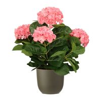 Hortensia kunstplant/kunstbloemen 45 cm - roze - in pot olijfgroen mat