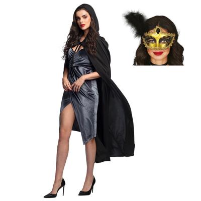 Carnaval gemaskerd bal verkleedkleding - Oogmasker goud - Cape/mantel in het zwart - volwassenen
