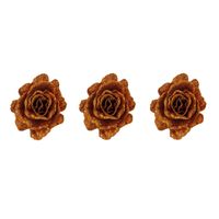 3x stuks decoratie bloemen roos koper glitter op clip 10 cm