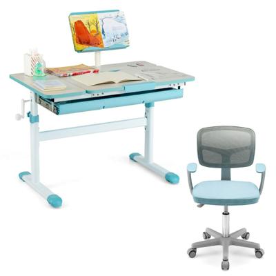 In Hoogte Verstelbaar Kinderbureau en Bureaustoel Blauwe Ergonomische Tafel en Draaibare Mesh-Zitting