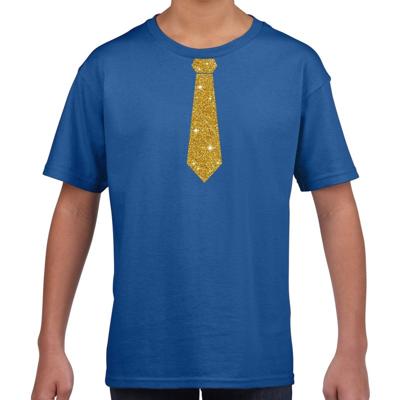 Verkleedkleding t-shirt - blauw - met kleine Stropdas - goud glitters - kinderen - carnaval