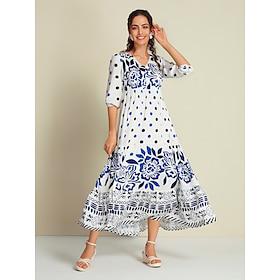 Dames Swingjurk Jurk met print Resortkleding Maxi-jurk blauw 3/4 mouw Stip Flora Bloemen Planten V-hals Afdrukken Zacht Lente zomer V-hals Vakantie Dames XS S