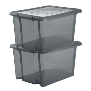 2x stuks kunststof opbergboxen/opbergdozen grijs transparant L65 x B50 x H36 cm stapelbaar