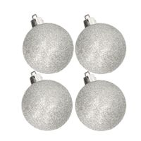 4x stuks kunststof glitter kerstballen zilver 10 cm - thumbnail