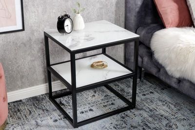 Elegante bijzettafel BOUTIQUE 45cm wit kristalglas marmeren decor zwart frame - 42172