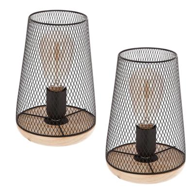 Atmosphera Tafellamp Soho - 2x - draad metaal/hout - zwart - H24 cm - Designlamp