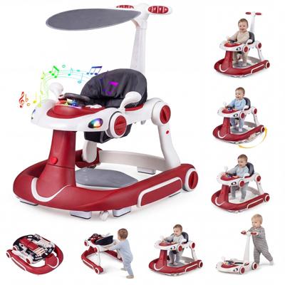 7-in-1 Loopstoeltje met Kap Loopwagen met Instelbare Hoogte en Snelheid Opvouwbare Babywalker met Speelbord Muziek Licht en Wielen Loopstoeltje voor Baby's vanaf 6 Maanden Wit en Rood