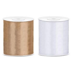 2x rollen hobby decoratie satijnlint goud-wit 10 cm x 25 meter