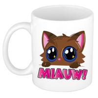 Cadeau koffie/thee mok - poes/kat - Miauw - roze - 300 ml - keramiek - katten mok