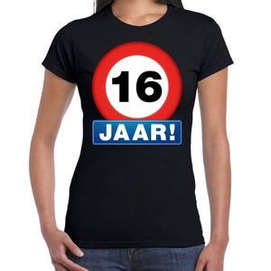 Stopbord 16 jaar verjaardag t-shirt zwart voor dames