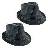 Carnaval verkleed Trilby hoedje met glitter pailletten - 2x - zwart - polyester - heren/dames