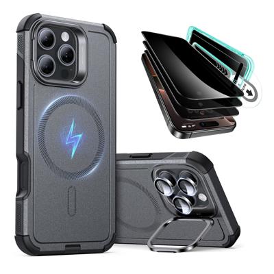 iPhone 16 Pro Cyber Tough Case with Stash Stand Privacy Protection Bundle - Gray