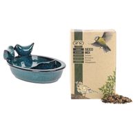 Vogelvoeder- en drinkschaal blauw keramiek 21 cm inclusief vogelvoer