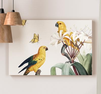 Vintage canvas schilderij Papegaaien met gele bloemen en vlinders
