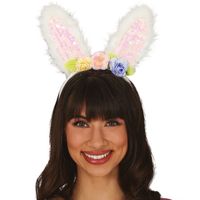 Verkleed diadeem paashaas/bunny oren met bloemen - wit - meisjes/dames - Carnaval - thumbnail