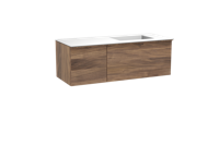 Balmani Forma zwevend badmeubel 135 x 55 cm amerikaans notenhout met Tablo Stretto asymmetrisch rechtse wastafel in solid surface mat wit, Horizontale symmetrische rechte ribbel