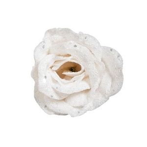 Witte rozen met glitters op clip 7 cm - kerstversiering