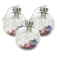 Verlichte kerstballen- 3x - met sneeuwvlok confetti - 8 cm - kunststof - 5 LED lampjes