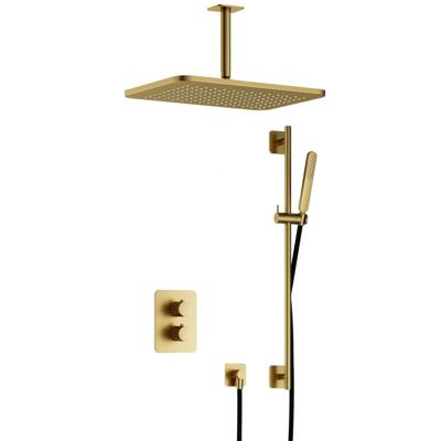 Hotbath Gal - GL106 - Inbouw Regendoucheset - Geborsteld Messing PVD - Thermostatisch - Plafondbuis 15 cm - Hoofddouche 270x400 mm - Staafhanddouche - Glijstang 900 mm - met GL106 - met 2-Weg Stop-Omstel