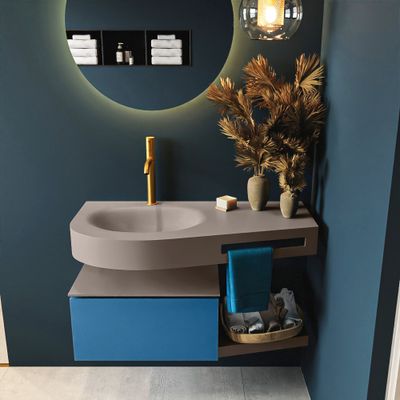 MONDIAZ RIVA 100cm badmeubel onderkast / planchet kleur Jeans met 1 lade. Wastafel DULCET links 1 kraangat kleur Smoke.