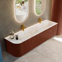 Badmeubel Mondiaz Kurve-Dlux | 175 cm cm | Meubelkleur Ruby | Wastafelkleur Frappe | Solid surface | Dubbel / Rechts spoelbak | 2 kraangaten