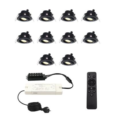 Set met 10 Sienna 12V inbouwspots - 3 Watt 200 lumen - 2700K warm wit - Zwart - IP44 waterdicht - kantelbaar - verandaspots - met afstandsbediening