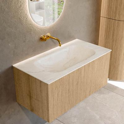 Mondiaz KURVE-DLUX 90 cm Onderkast Greeploos 1 Lade Zonder Deuren Oak, Wastafel Solid Surface Midden Ostra 0 Kraangaten Zonder Spiegel (KRVBGS901L0D0KM-Oak/Ost)