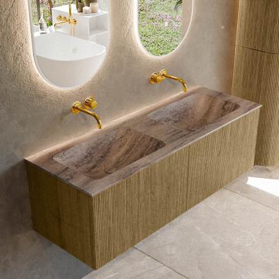 Badmeubel Mondiaz Kurve-Dlux | 130 cm | Meubelkleur Dusk | Wastafelkleur Oza | Solid surface | Wasbak beide zijden spoelbak | Zonder kraangat(en)