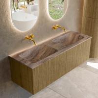 Badmeubel Mondiaz Kurve-Dlux | 130 cm | Meubelkleur Dusk | Wastafelkleur Oza | Solid surface | Wasbak beide zijden spoelbak | Zonder kraangat(en)