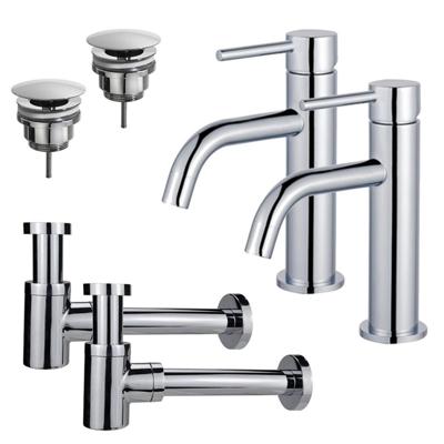 Fortifura Calvi Slim Wastafelkraanset - voor dubbele wastafel - lage wastafelkraan - always open plug - verlaagde design sifon - Chroom 2x SW377812/2x SW696209/2x SW696219