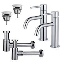 Fortifura Calvi Slim Wastafelkraanset - voor dubbele wastafel - lage wastafelkraan - always open plug - verlaagde design sifon - Chroom 2x SW377812/2x SW696209/2x SW696219