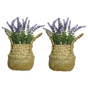 Lavendel kunstplant in rieten mand - 2x - lila paars - D16 x H27 cm