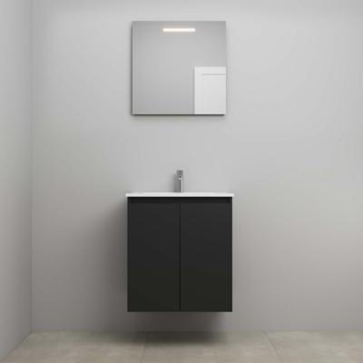 On-Line Badkamermeubelset - 60 cm - Bouwpakket - Greeploos 2 Deuren - Porseleinen Wastafel - 1 Kraangat - Spiegel met LED-Verlichting - Mat Zwart