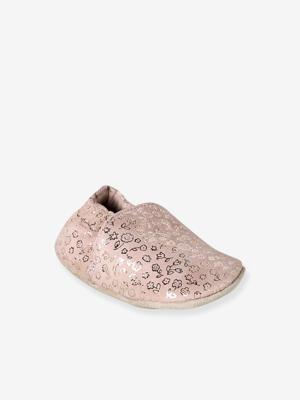 Elastische leren babyschoentjes in soepel leer roze, bedrukt