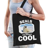 Katoenen tasje seals are serious cool zwart - zeehonden/ witte zeehond cadeau tas   - - thumbnail