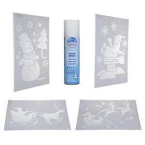 4x kerst decoratie raamsjablonen met busje spuitsneeuw