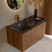 Mondiaz KURVE-DLUX 85 cm Onderkast Greeploos 1 Lade Met Deuren Walnut, Wastafel Solid Surface Links Lava 1 Kraangat Zonder Spiegel (KRVCLO85R1L1D1KL-Wal/Lav)