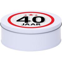 Leeftijd Snoeptrommel - koektrommel Cadeau - wit - rond blik - met 40 jaar sticker