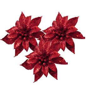 Kerstboomversiering bloemen op clip - 3x st - rood - 8 cm - glitters - kunststof