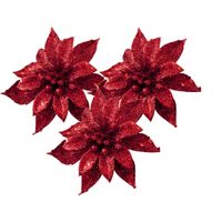 Kerstboomversiering bloemen op clip - 3x st - rood - 8 cm - glitters - kunststof - thumbnail